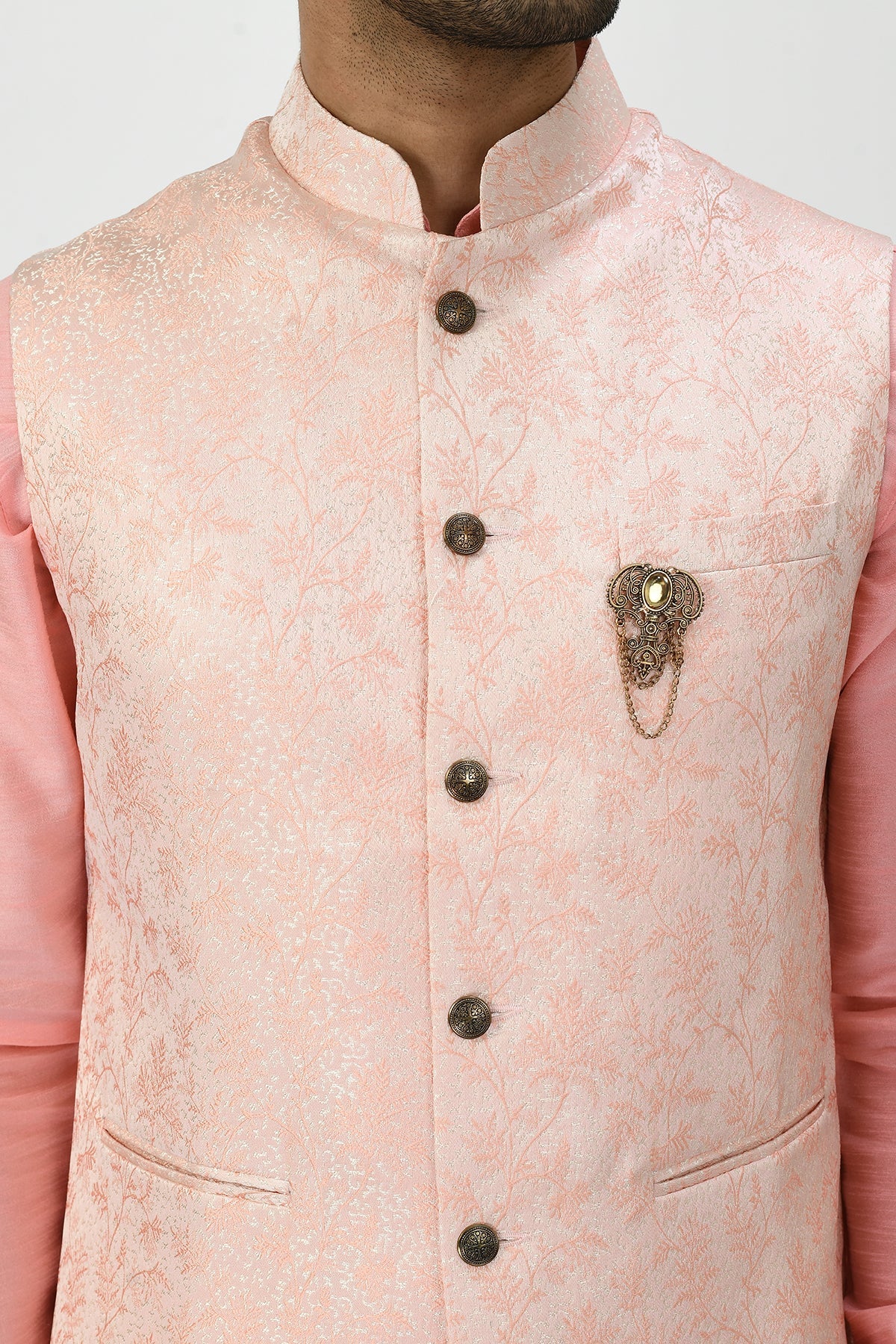 Peach Coloured Kurta Set and Woven Nehru Jacket