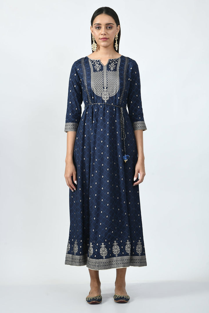 Blue and Silver-Toned Printed Dress