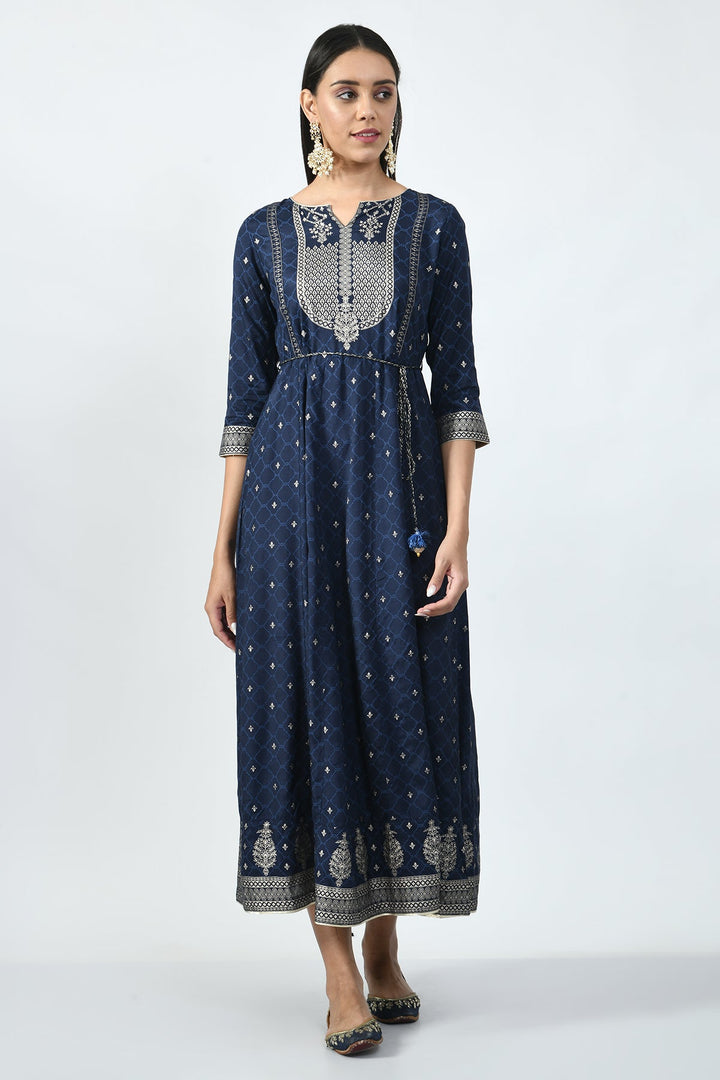 Blue and Silver-Toned Printed Dress
