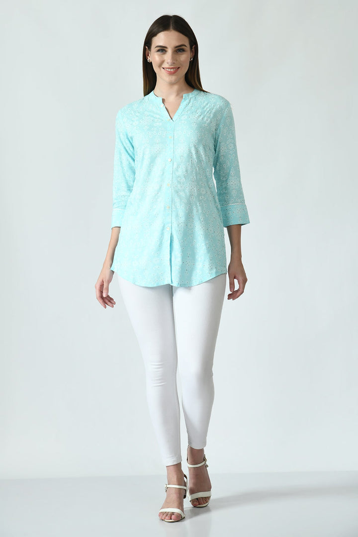 Sky Blue Floral Screen Printed Top