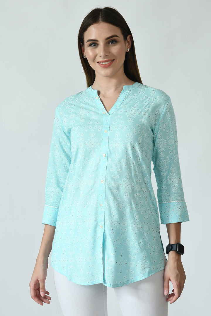 Sky Blue Floral Screen Printed Top