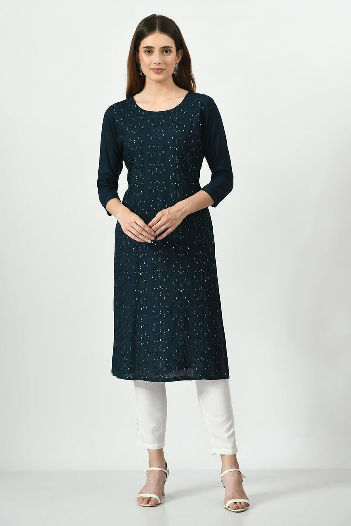 Teal Blue Embroidered Straight Kurta