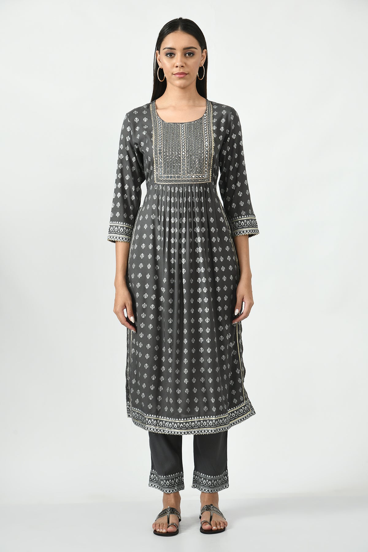Grey Printed and Embroidered Kurti set
