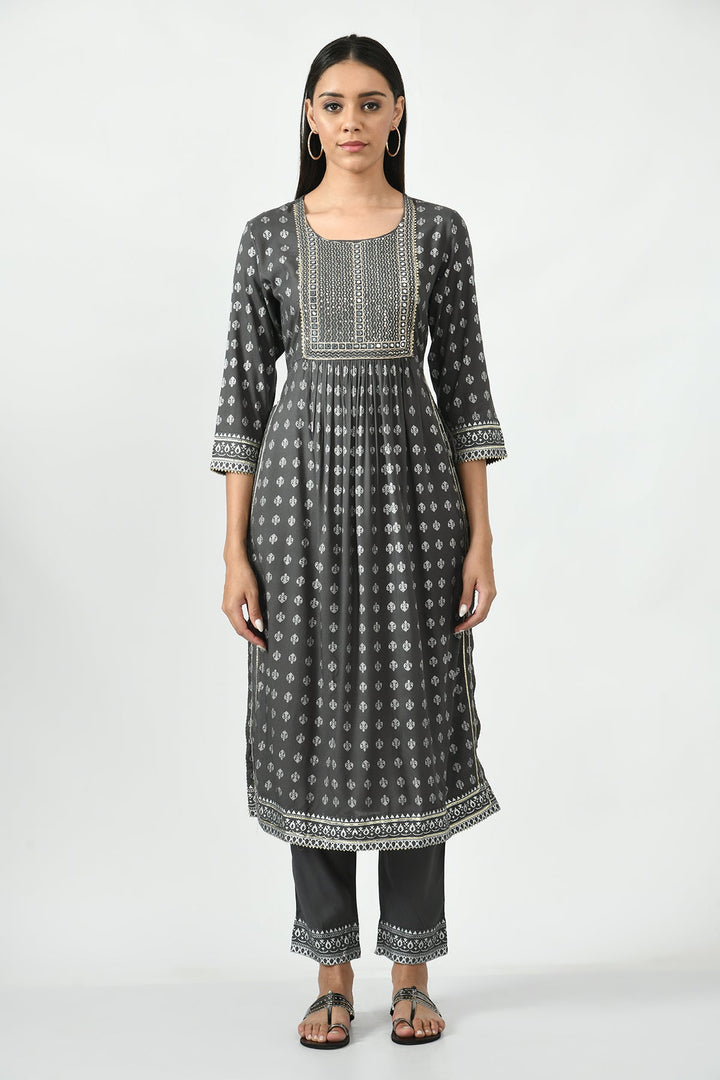 Grey Printed and Embroidered Kurti set