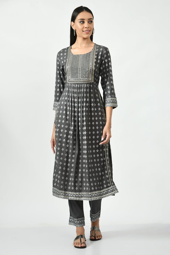 Grey Printed and Embroidered Kurti set