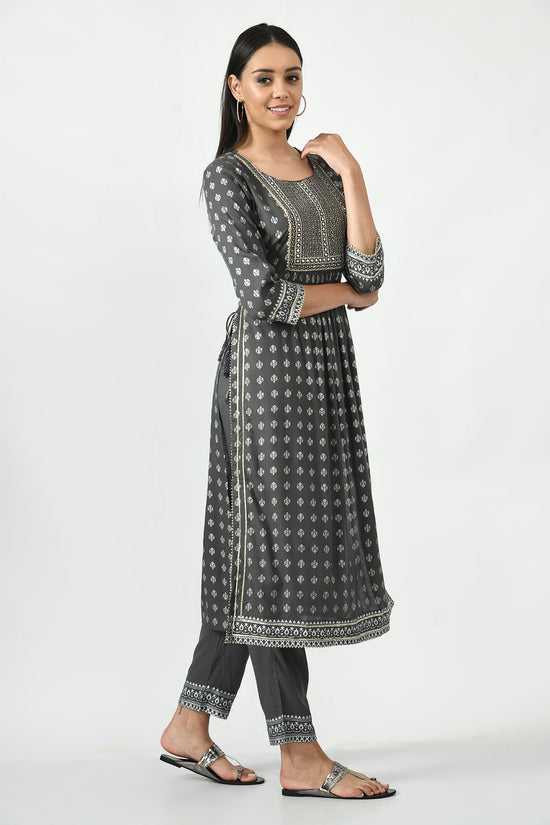 Grey Printed and Embroidered Kurti set