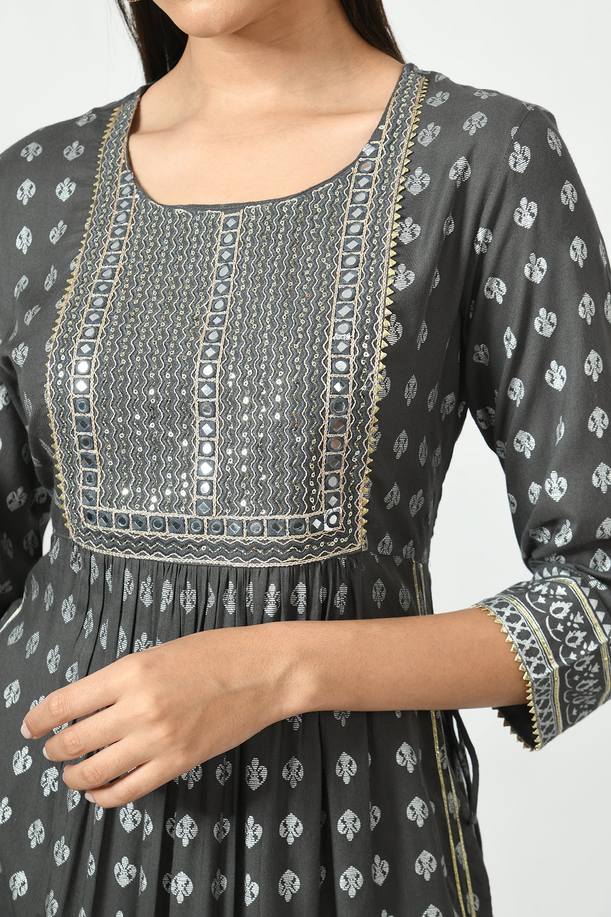 Grey Printed and Embroidered Kurti set