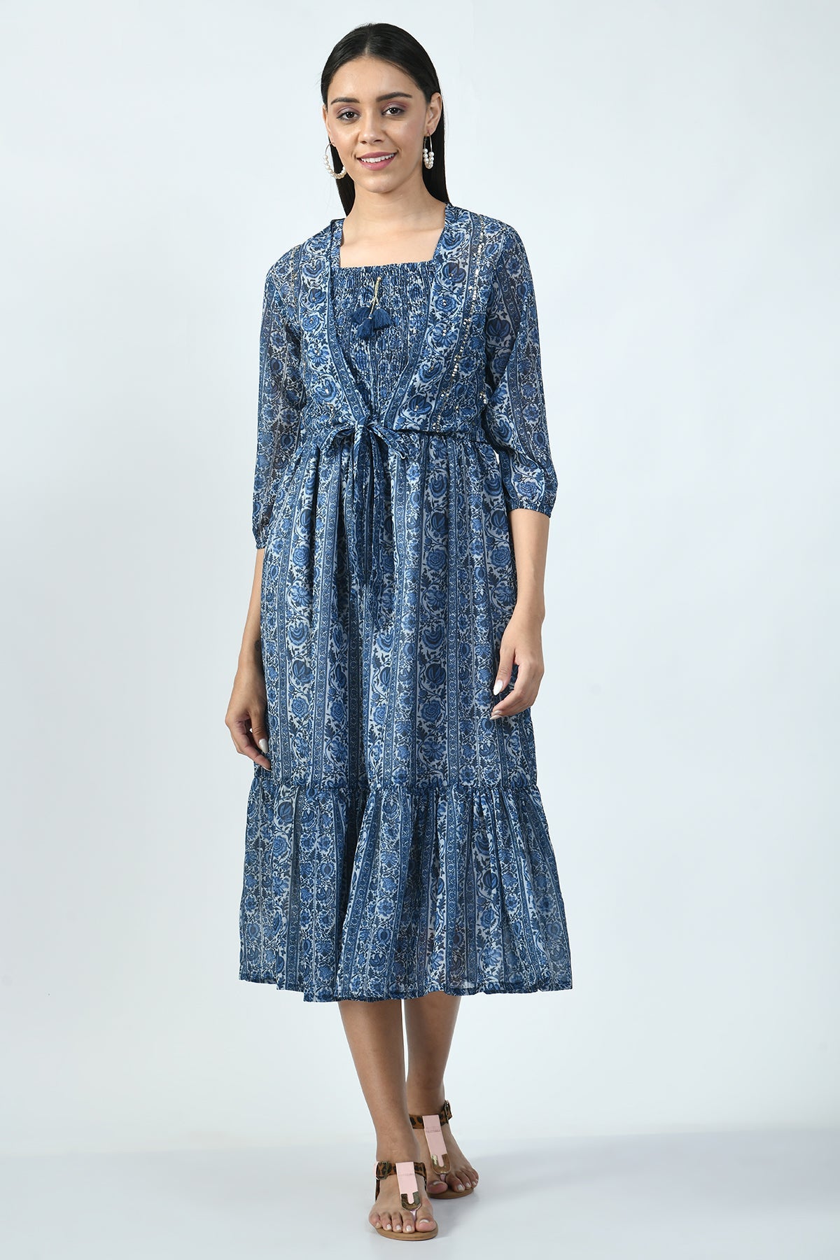 Indigo Printed Midi Dress with Printed and Sequined Jacket