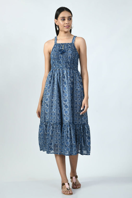 Indigo Printed Midi Dress with Printed and Sequined Jacket