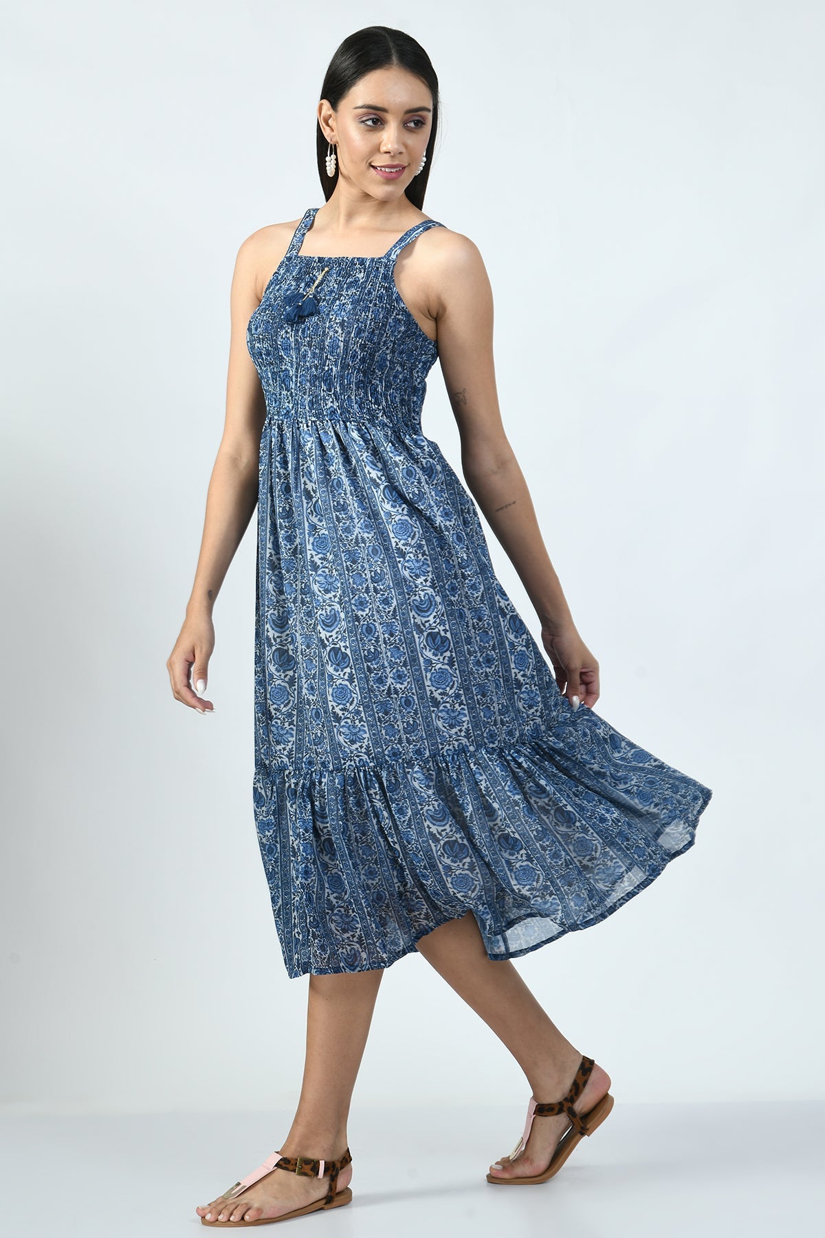 Indigo Printed Midi Dress with Printed and Sequined Jacket
