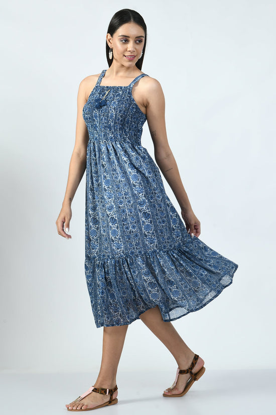 Indigo Printed Midi Dress with Printed and Sequined Jacket
