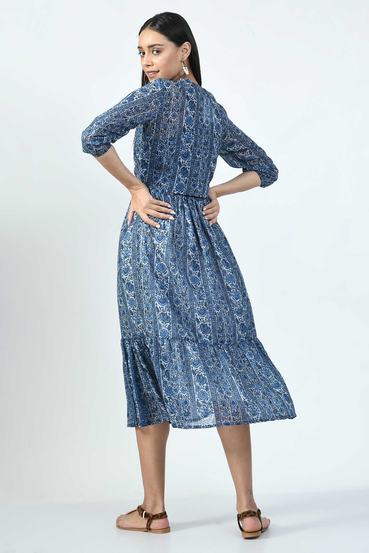 Indigo Printed Midi Dress with Printed and Sequined Jacket