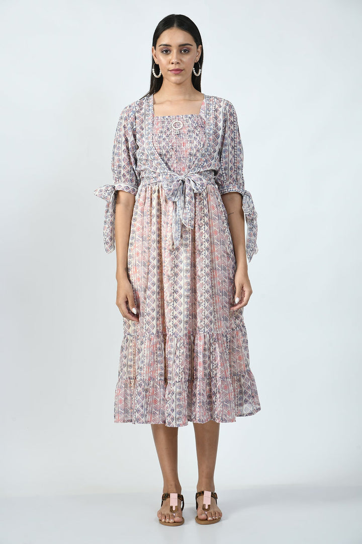 Multi Printed Midi Dress with Printed and Sequined Jacket