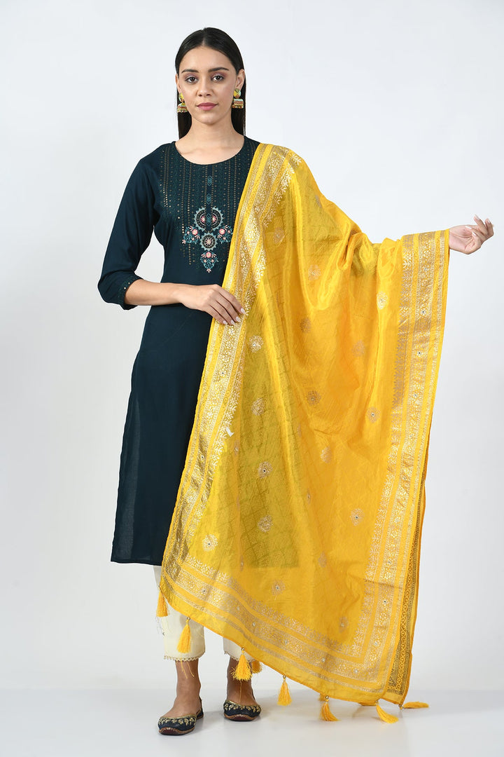 Yellow Aari Embroidered and Printed Dupatta
