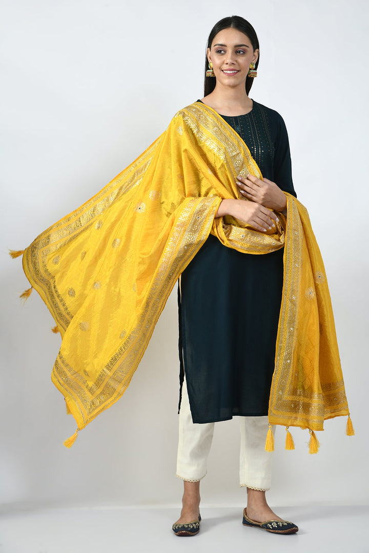 Yellow Aari Embroidered and Printed Dupatta