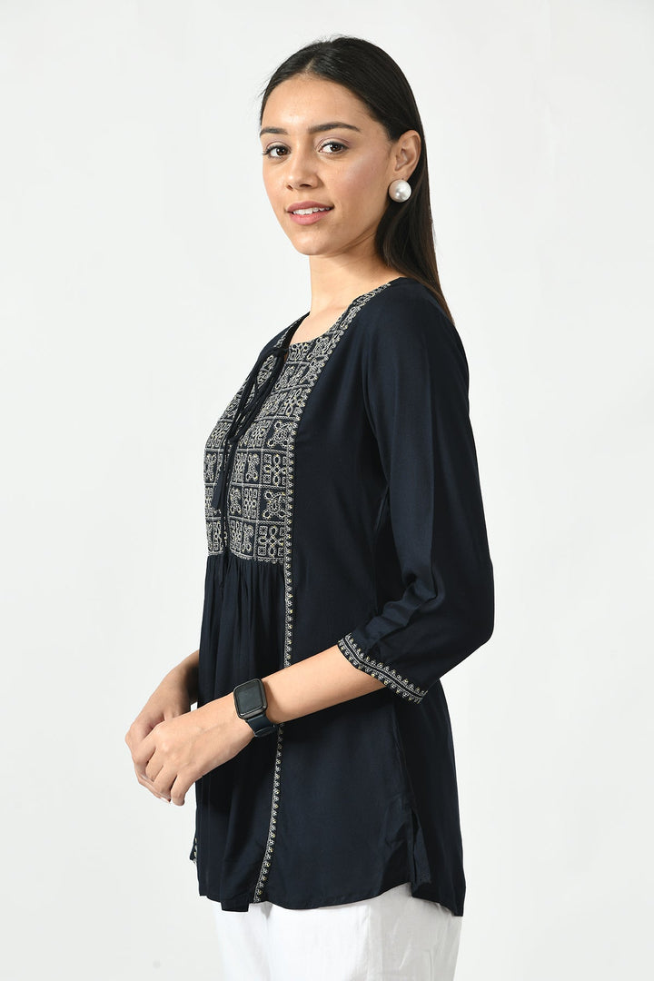 Navy Blue Floral Yoke Embroidered Top