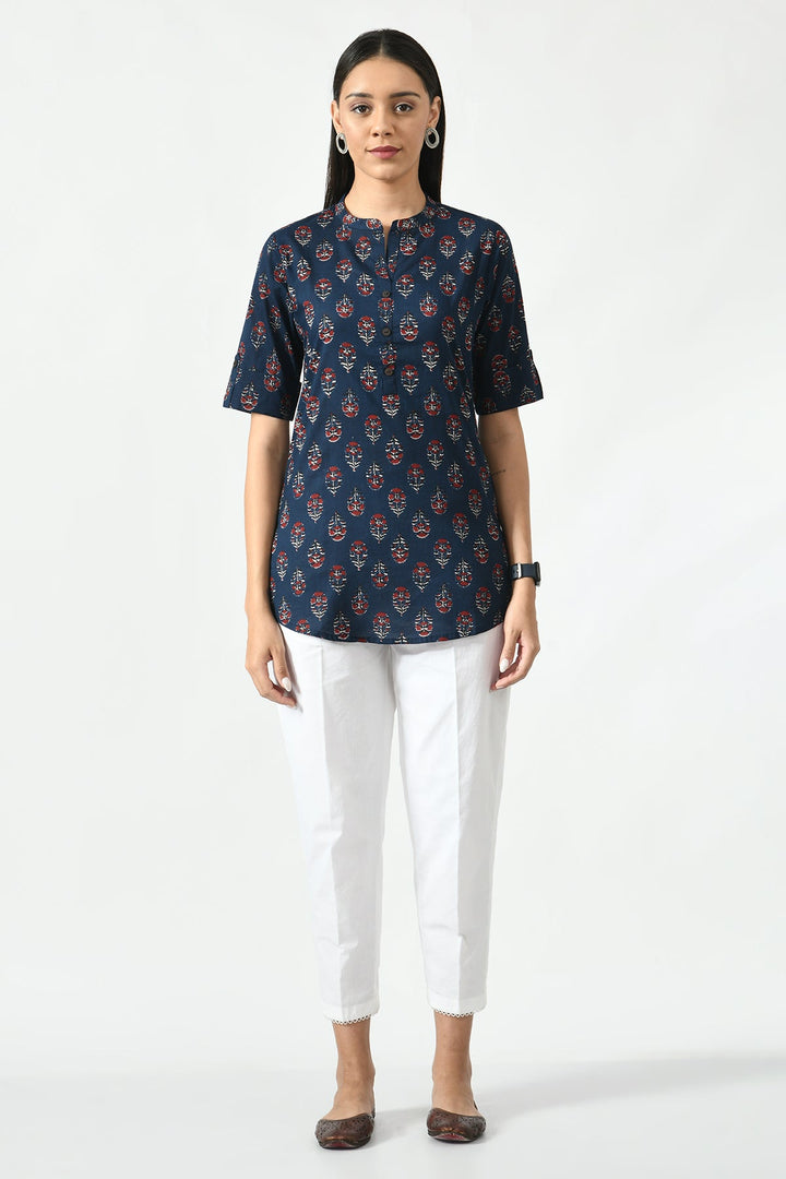 Navy Blue Floral Screen Printed Top