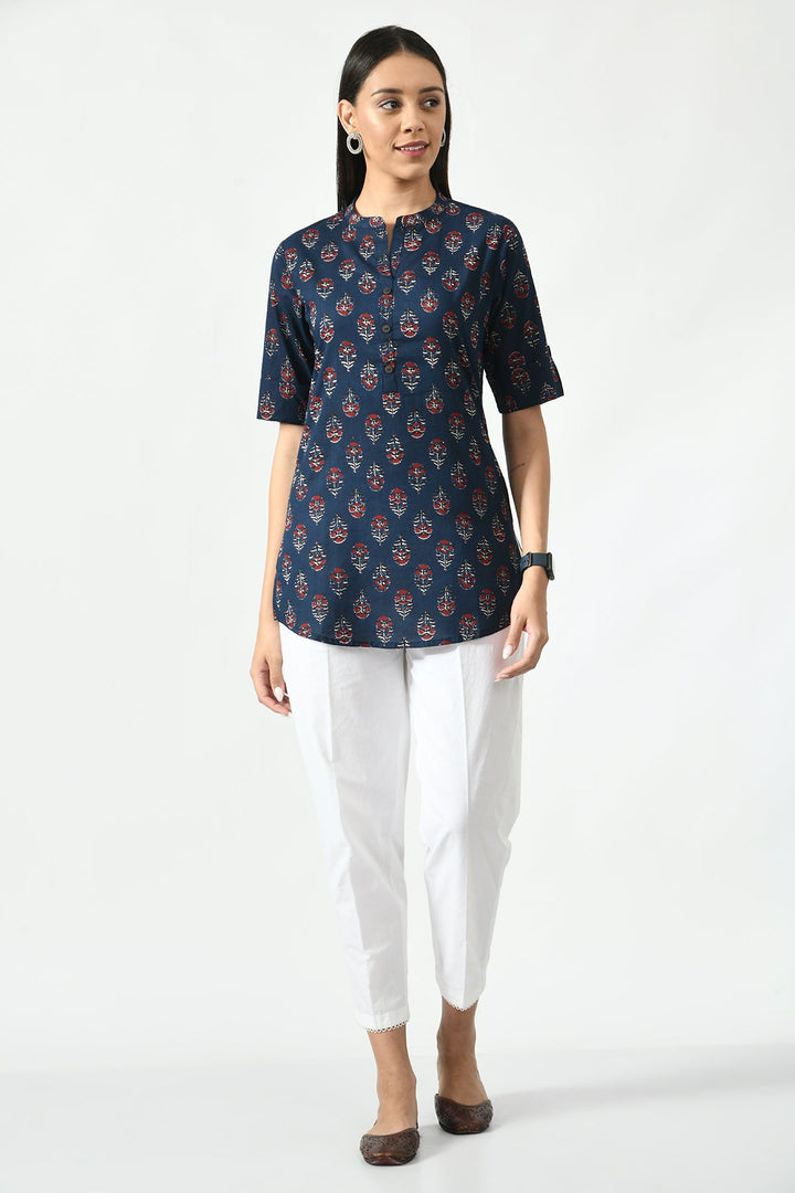 Navy Blue Floral Screen Printed Top