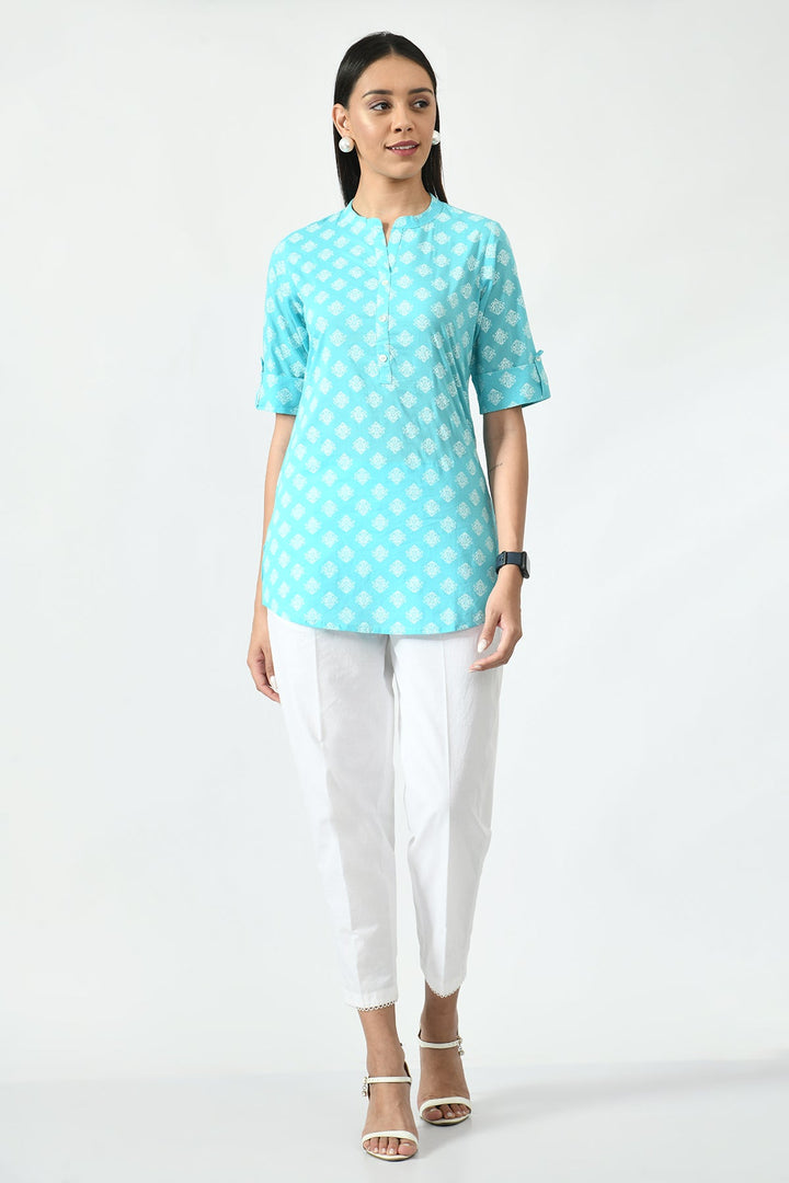 Sea Green Floral Screen Printed Top