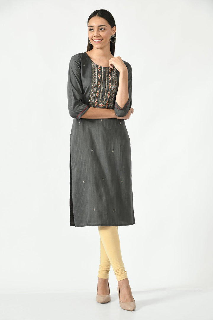 Grey Embroidered and Sequinned Straight Kurta