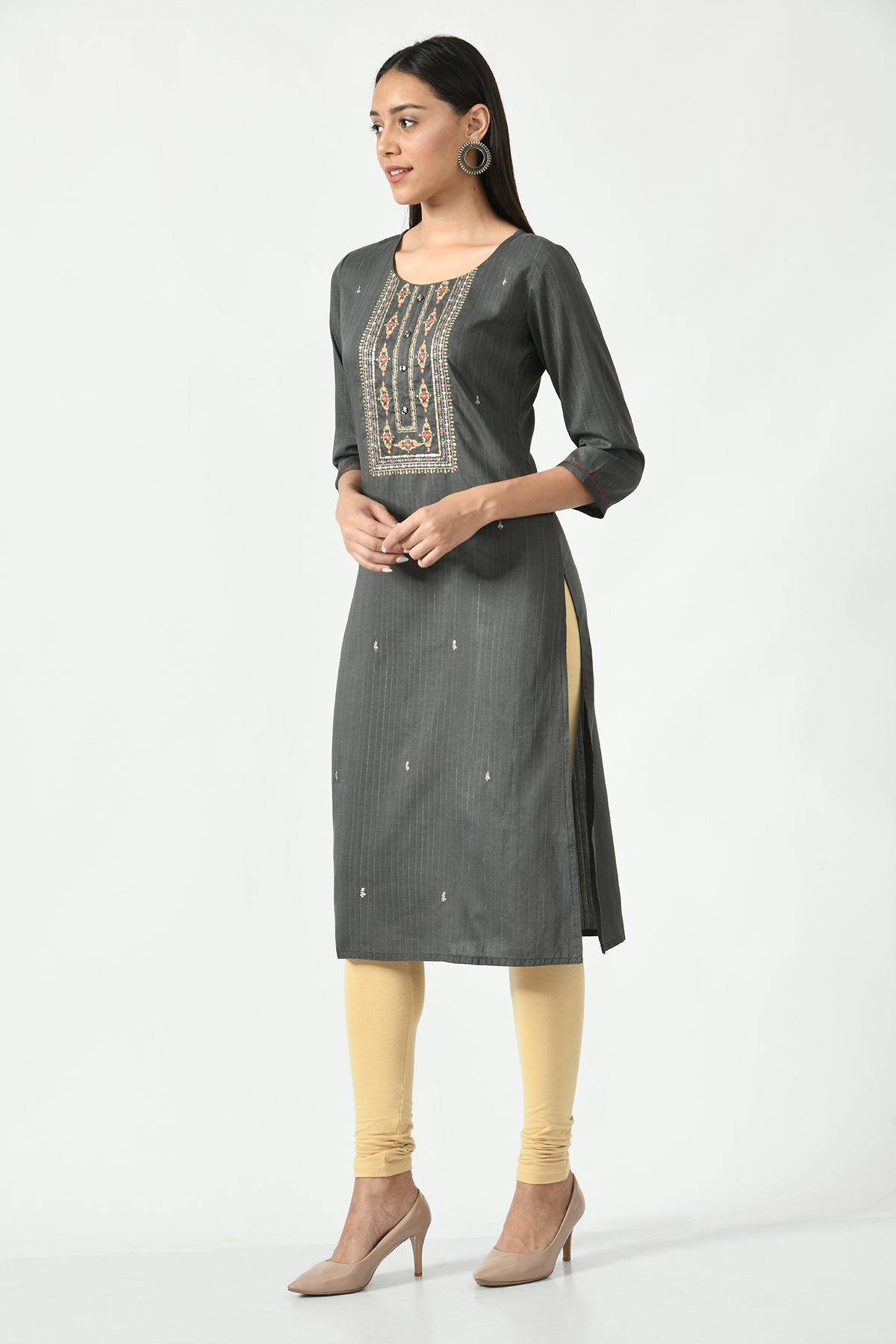 Grey Embroidered and Sequinned Straight Kurta