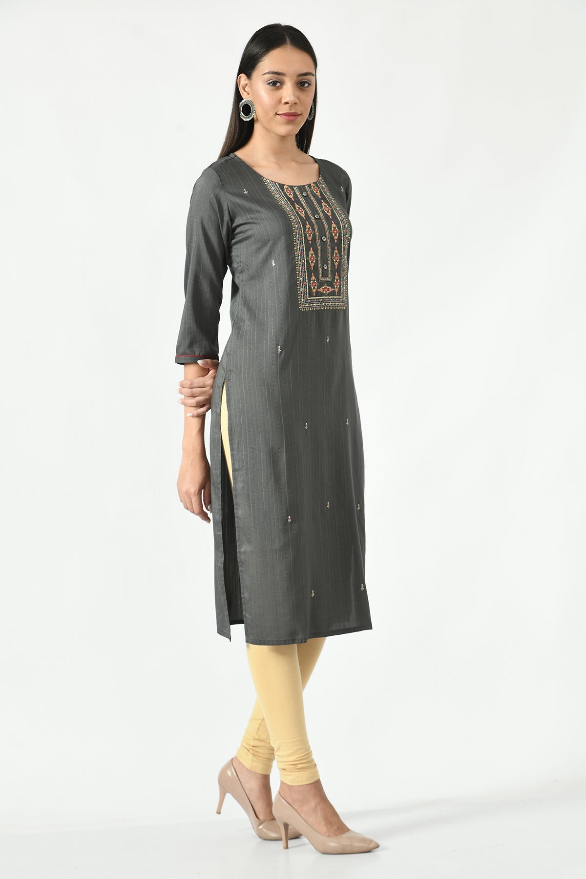 Grey Embroidered and Sequinned Straight Kurta