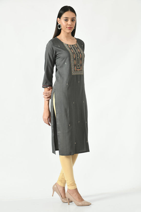 Grey Embroidered and Sequinned Straight Kurta