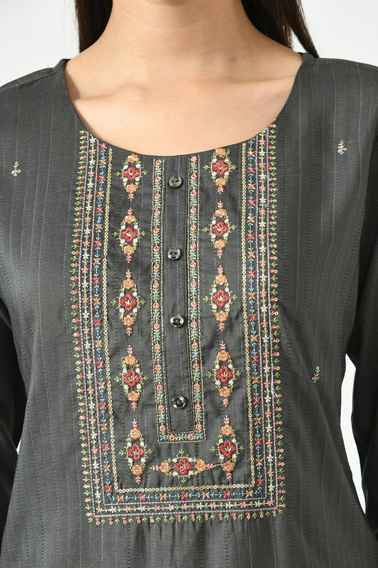 Grey Embroidered and Sequinned Straight Kurta