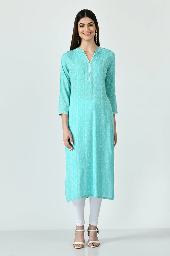 Green and White Printed Kurta