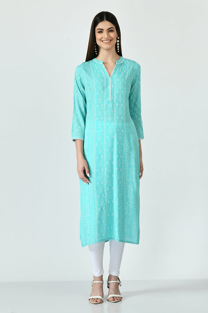 Green and White Printed Kurta