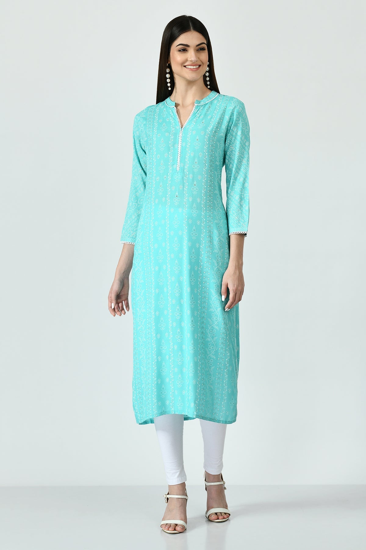 Green and White Printed Kurta