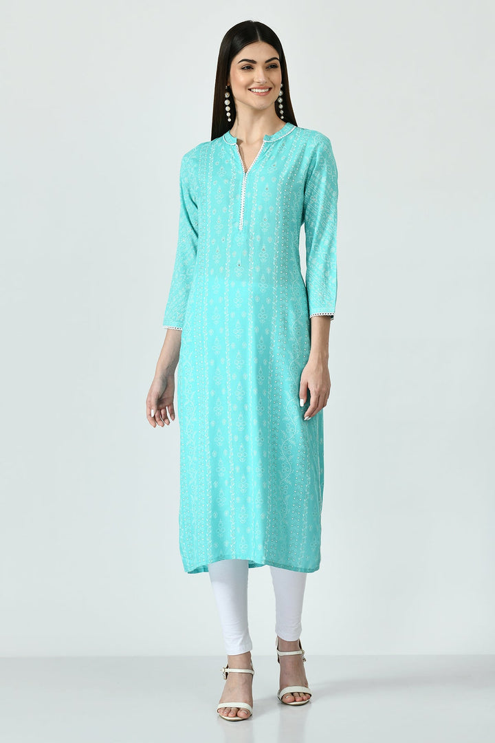 Green and White Printed Kurta