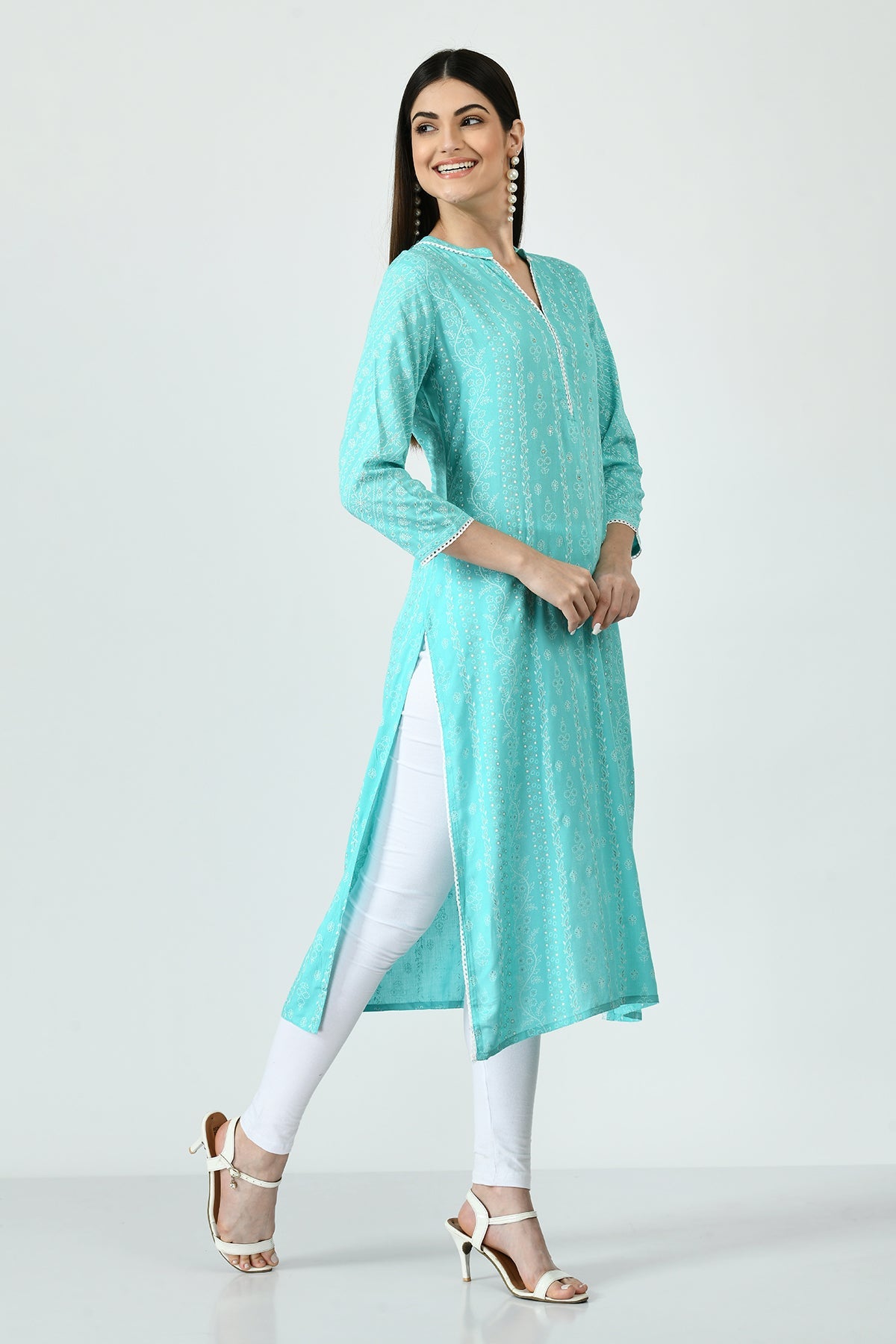 Green and White Printed Kurta