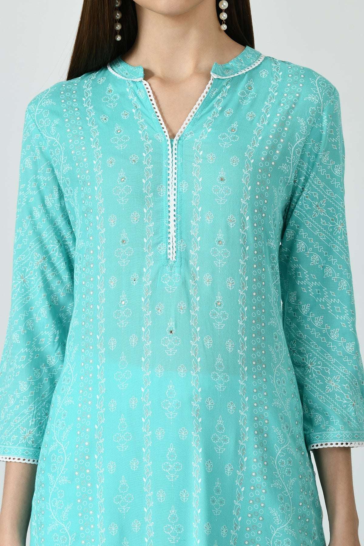 Green and White Printed Kurta