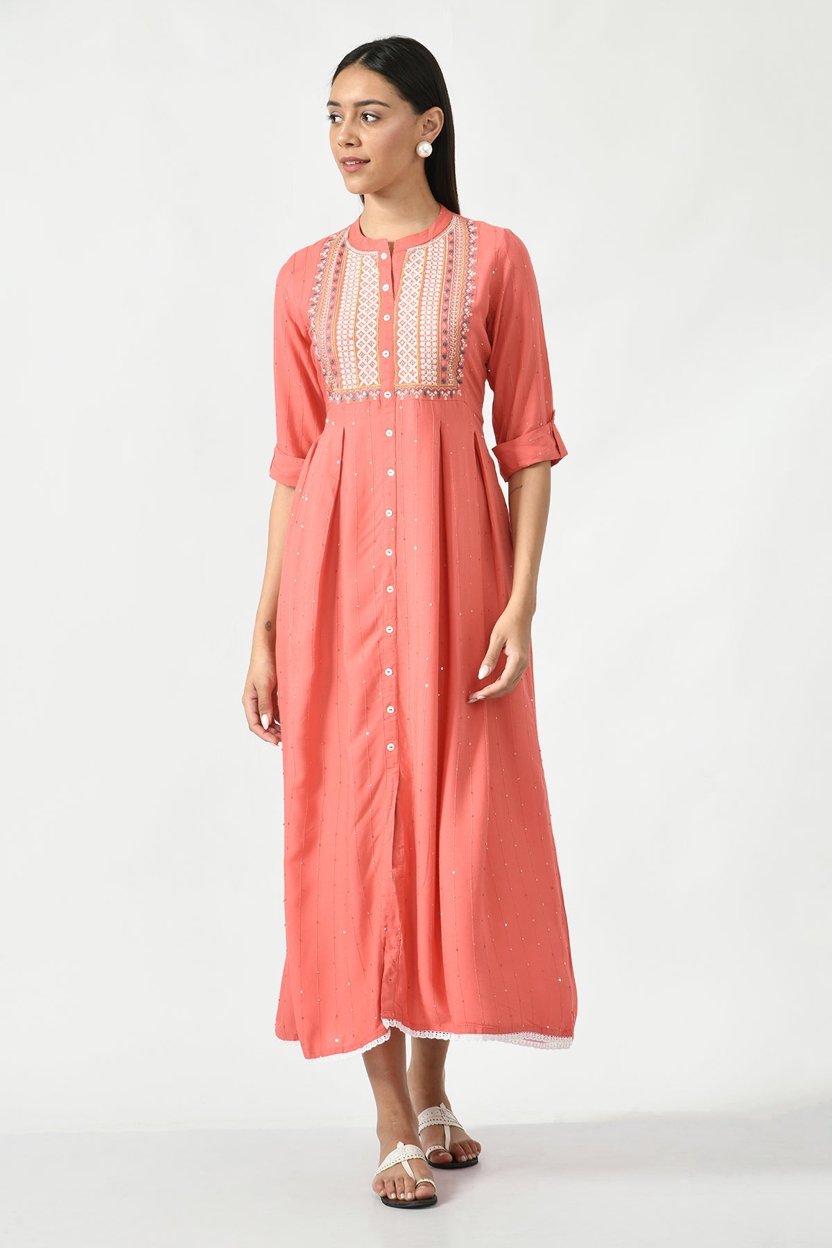 Peach Yoke Embroidered Midi Dress
