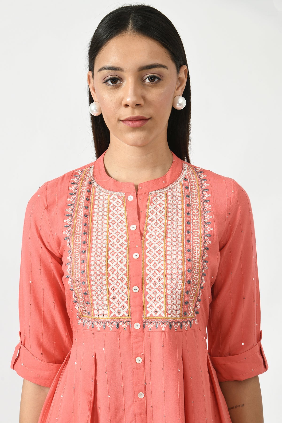 Peach Yoke Embroidered Midi Dress