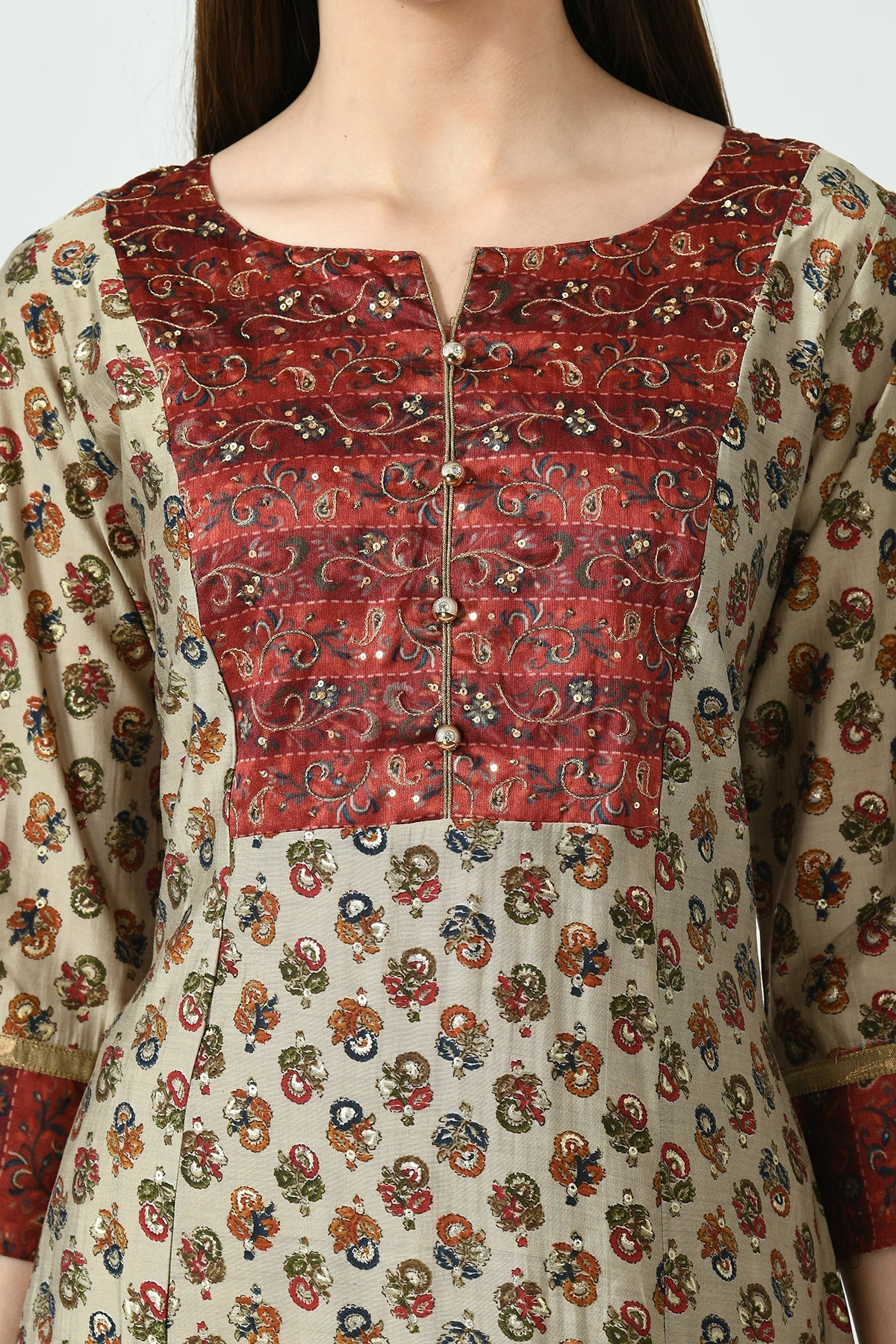 Multi Printed Yoke Embroidered Kurta
