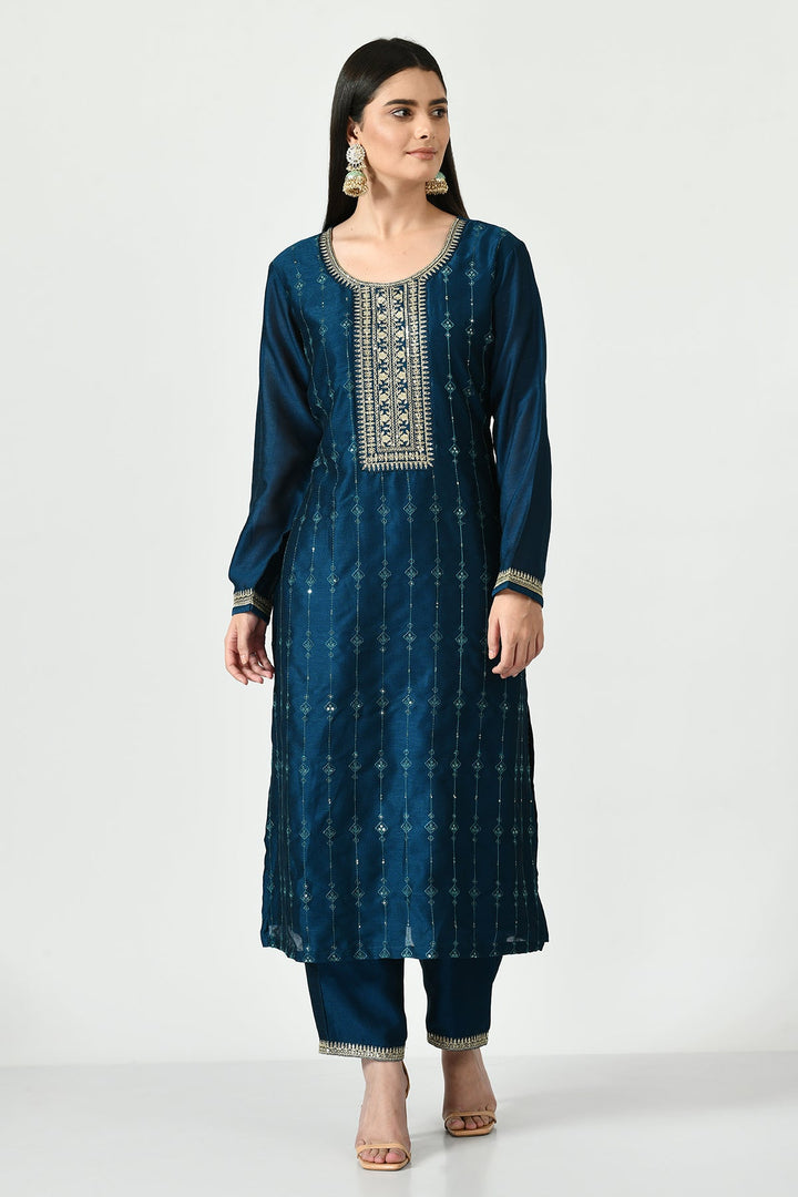 Teal Floral Aari Embroidered Kurta Set