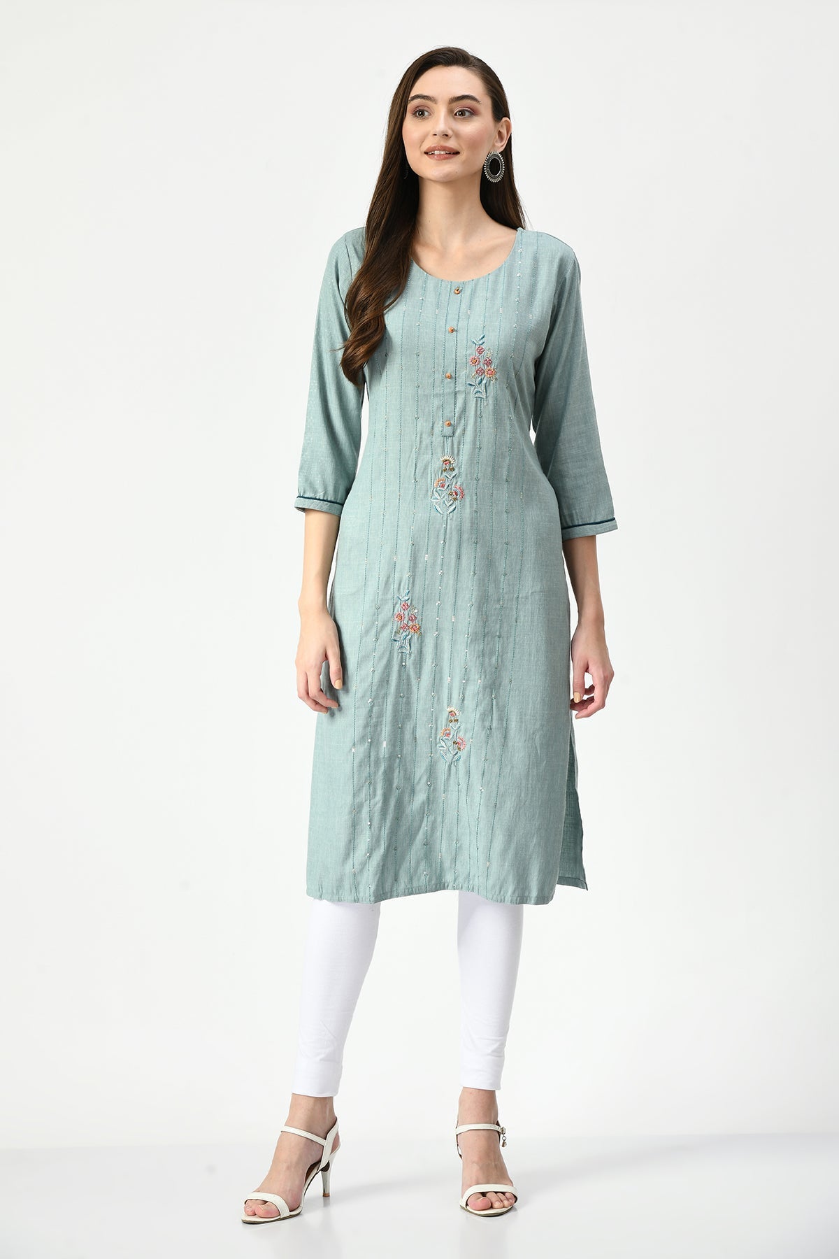 Green Embroidered Straight Kurta