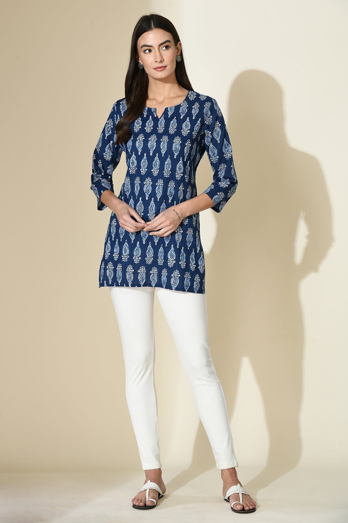 Blue Block Print Pintex Straight Top