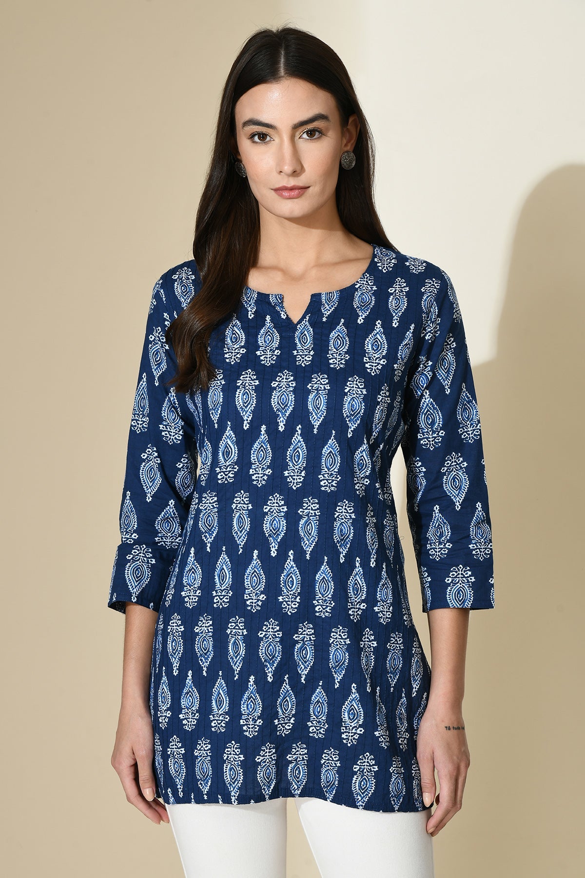 Blue Block Print Pintex Straight Top