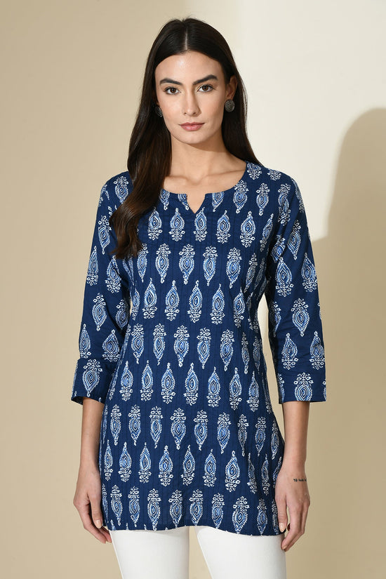 Blue Block Print Pintex Straight Top