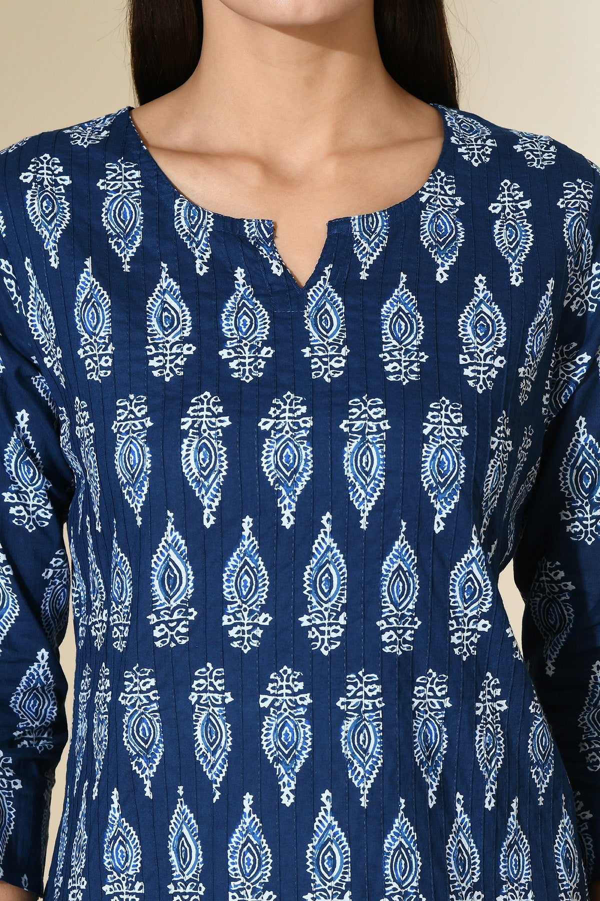 Blue Block Print Pintex Straight Top