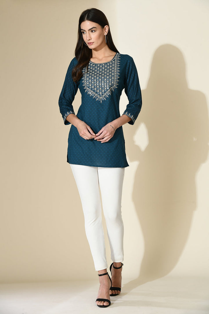 Teal Blue Embroidered Top