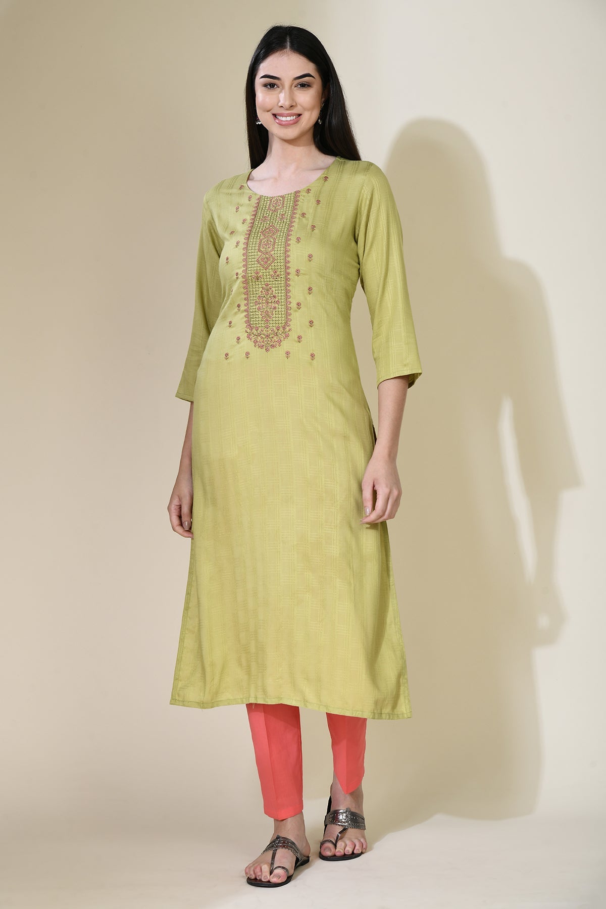 Green Embroidered Straight Kurta