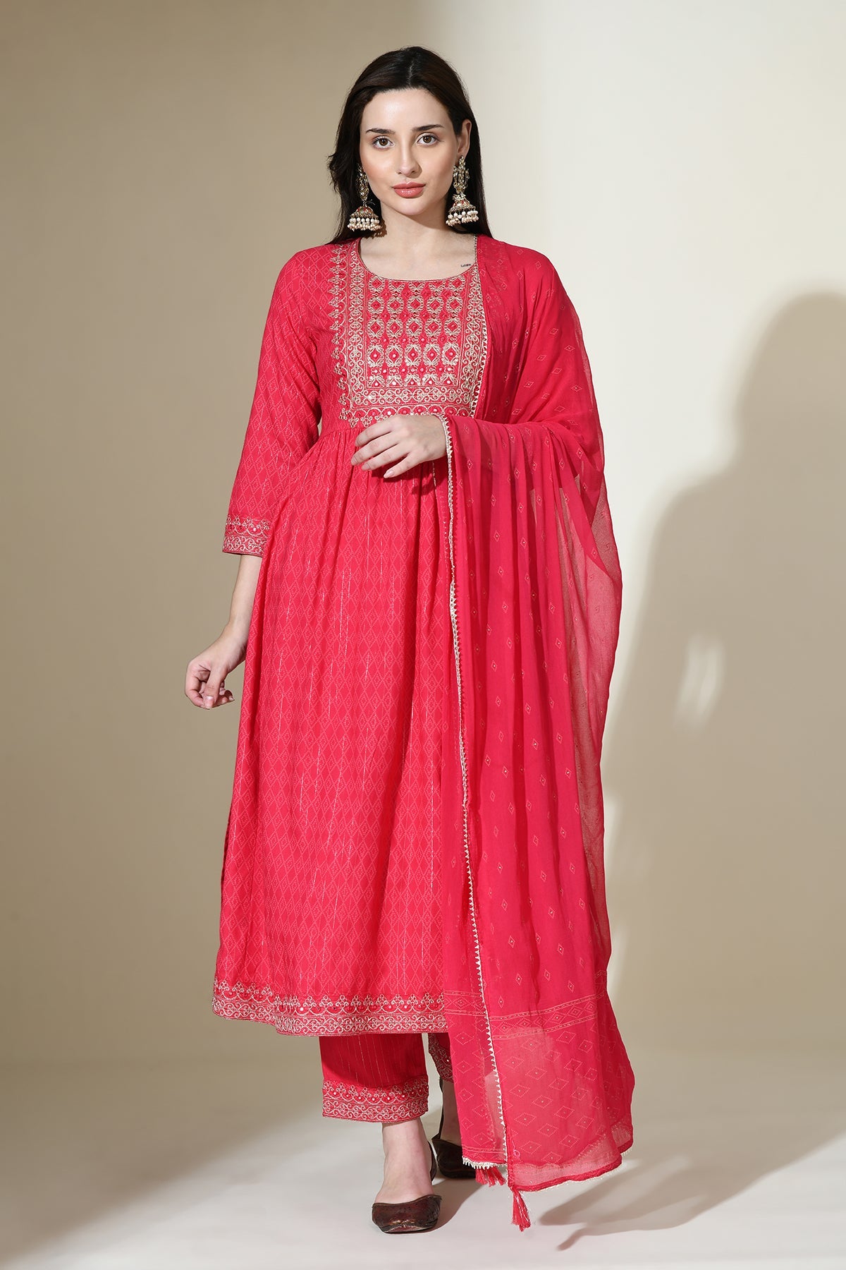 Magenta Yoke Mirror Work Embroidered Straight Kurta Set