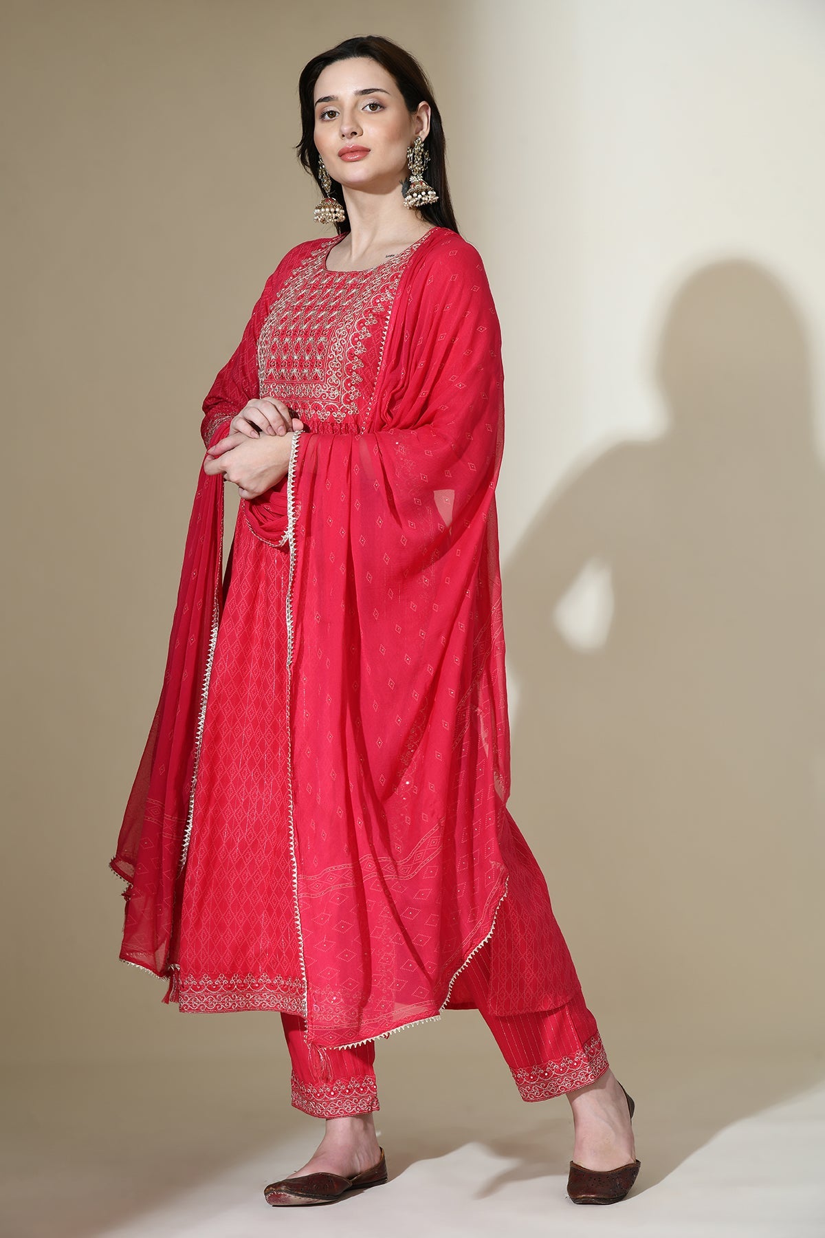 Magenta Yoke Mirror Work Embroidered Straight Kurta Set