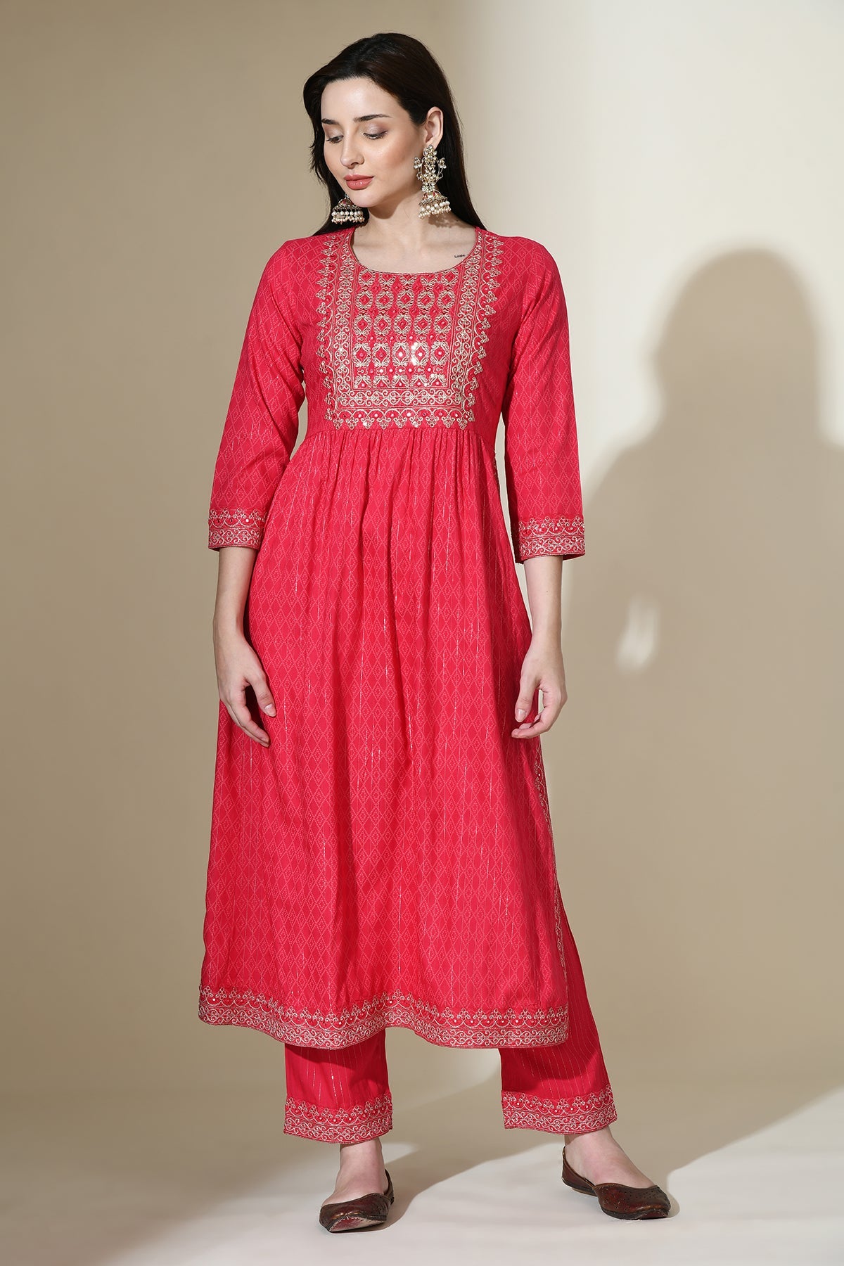 Magenta Yoke Mirror Work Embroidered Straight Kurta Set
