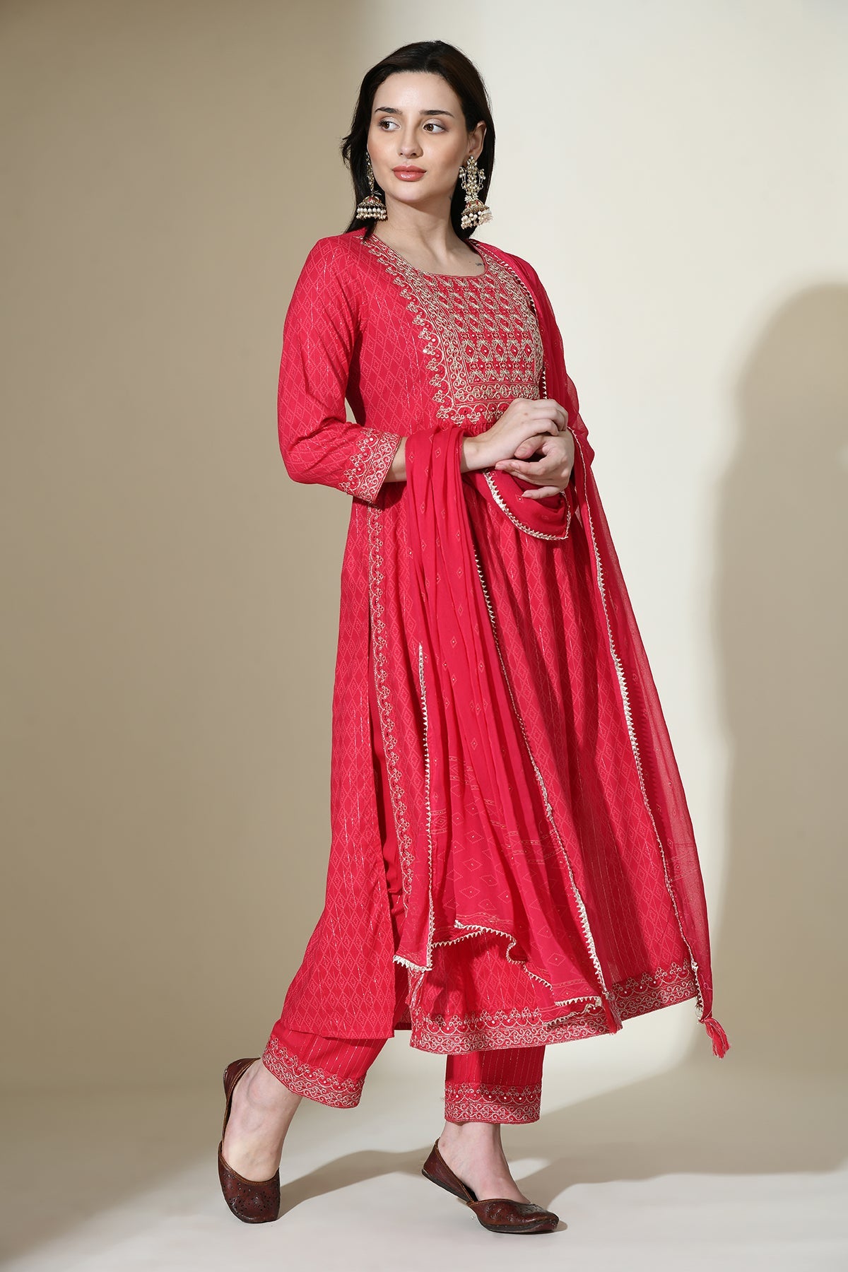 Magenta Yoke Mirror Work Embroidered Straight Kurta Set