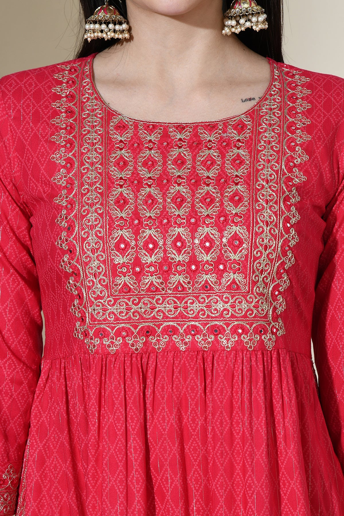 Magenta Yoke Mirror Work Embroidered Straight Kurta Set